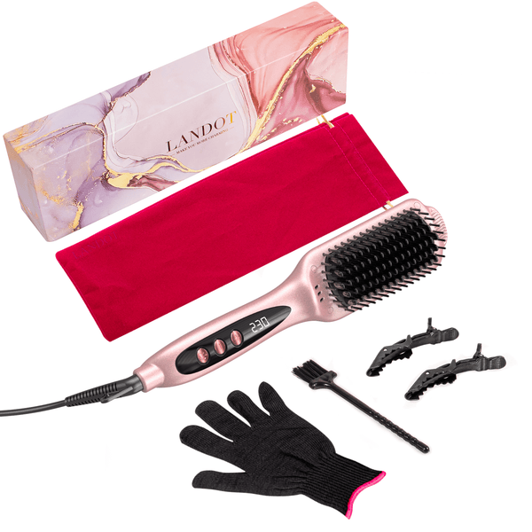 LANDOT Hair Straightener Brush Heated Straightening Brush-Rose Gold